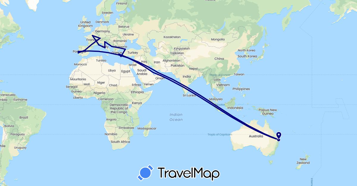 TravelMap itinerary: driving in United Arab Emirates, Australia, Switzerland, Spain, France, Greece, Croatia, Italy, Monaco, Portugal, Qatar, Turkey, Vatican City (Asia, Europe, Oceania)