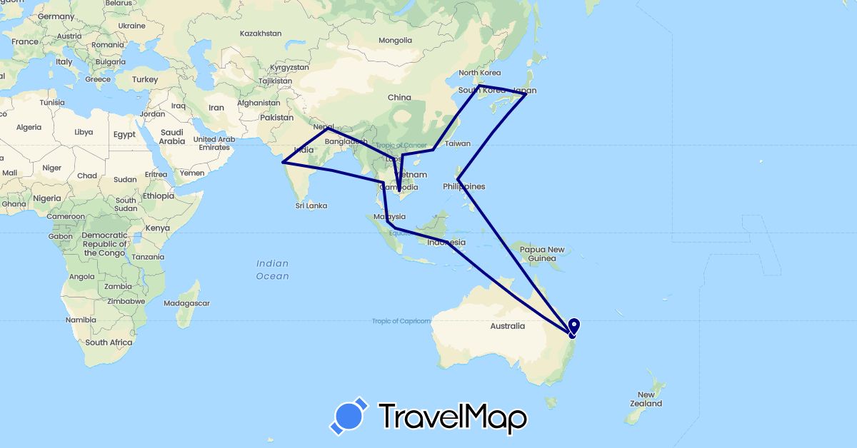 TravelMap itinerary: driving in Australia, China, Indonesia, India, Japan, Cambodia, South Korea, Laos, Malaysia, Nepal, Philippines, Singapore, Thailand, Vietnam (Asia, Oceania)